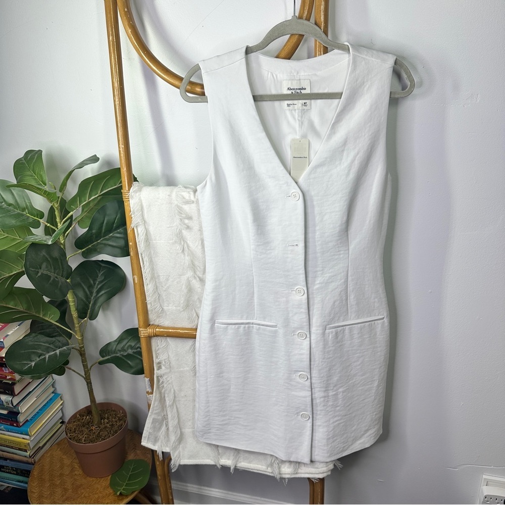 Abercrombie & Fitch White Sleeveless Button Front Linen Blend Dress